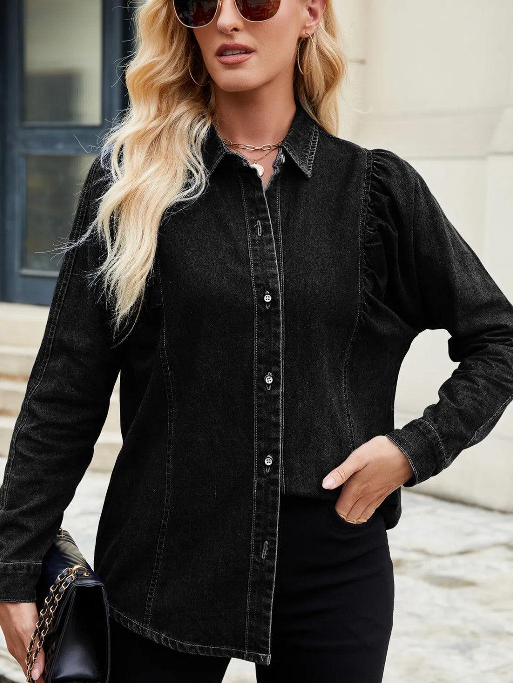 Button Down Collared Neck Denim Shirt