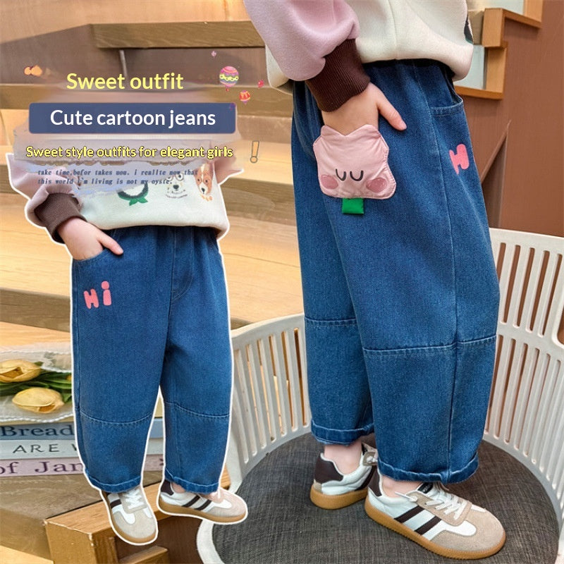 Girls Polyester Fiber Cartoon Pocket Jeans