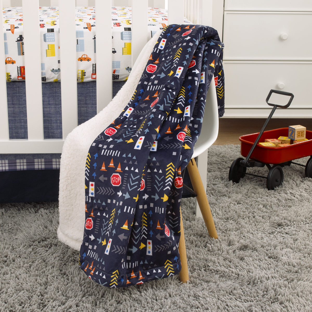 Transportation Trails Navy, Red, and Yellow Stop Light Super Soft Sherpa Baby Blanket