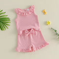 Sleeveless Ruffled-neck Top And Solid-color Bow-trimmed Shorts Set