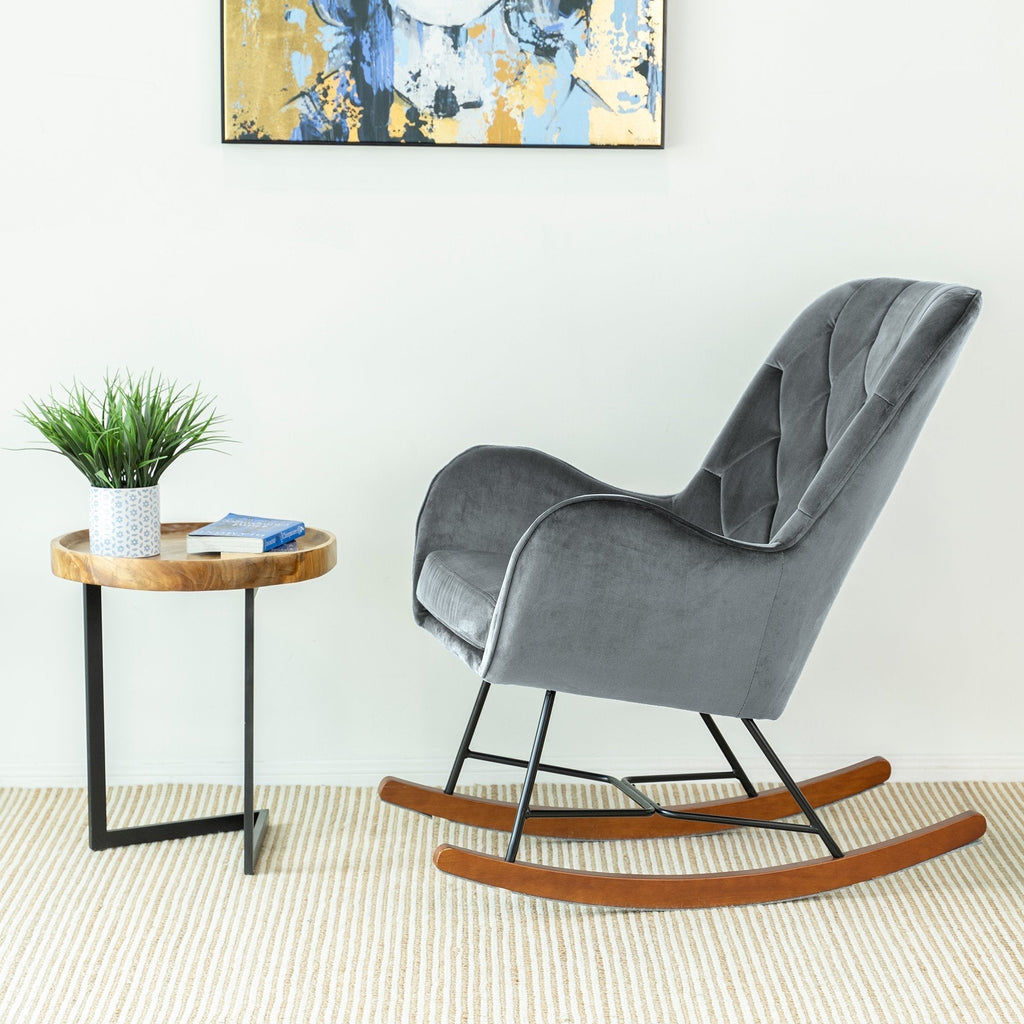 Mid Century Modern Rocking Chair with Velvet Upholstery - Dark Grey