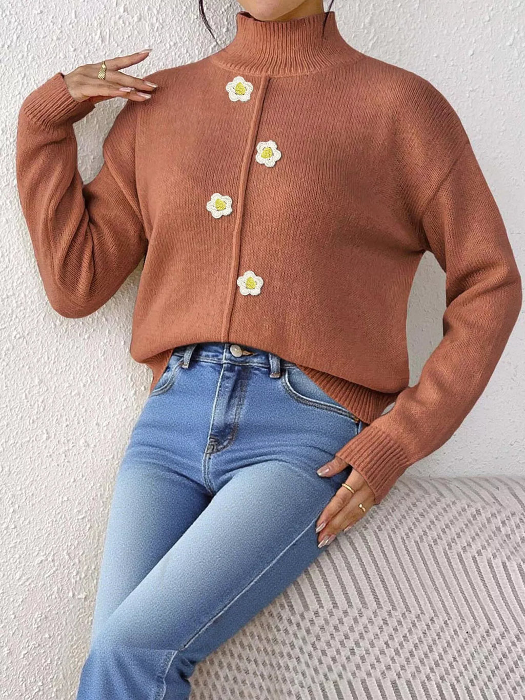 Floral Applique Turtleneck Sweater