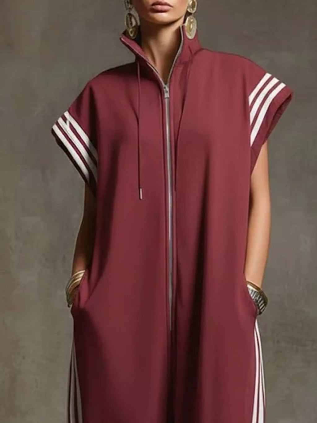 Full Size Side Stripe Zip-Front Wide Leg Jumpsuit Plus Size