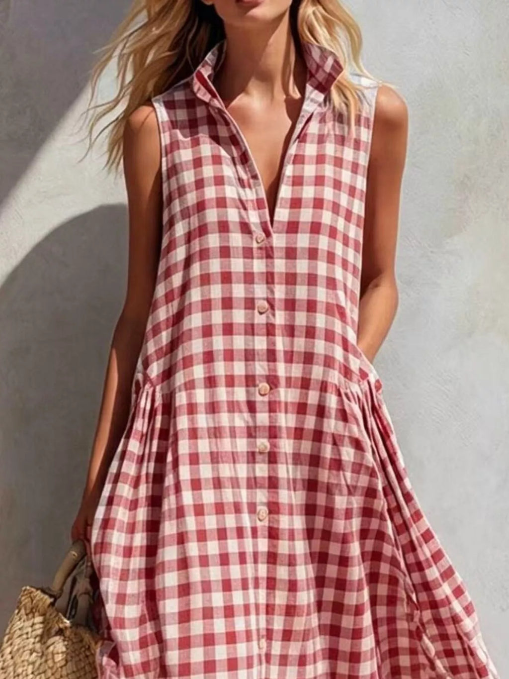 Full Size Sleeveless Gingham Button-Down Midi Dress Plus Size