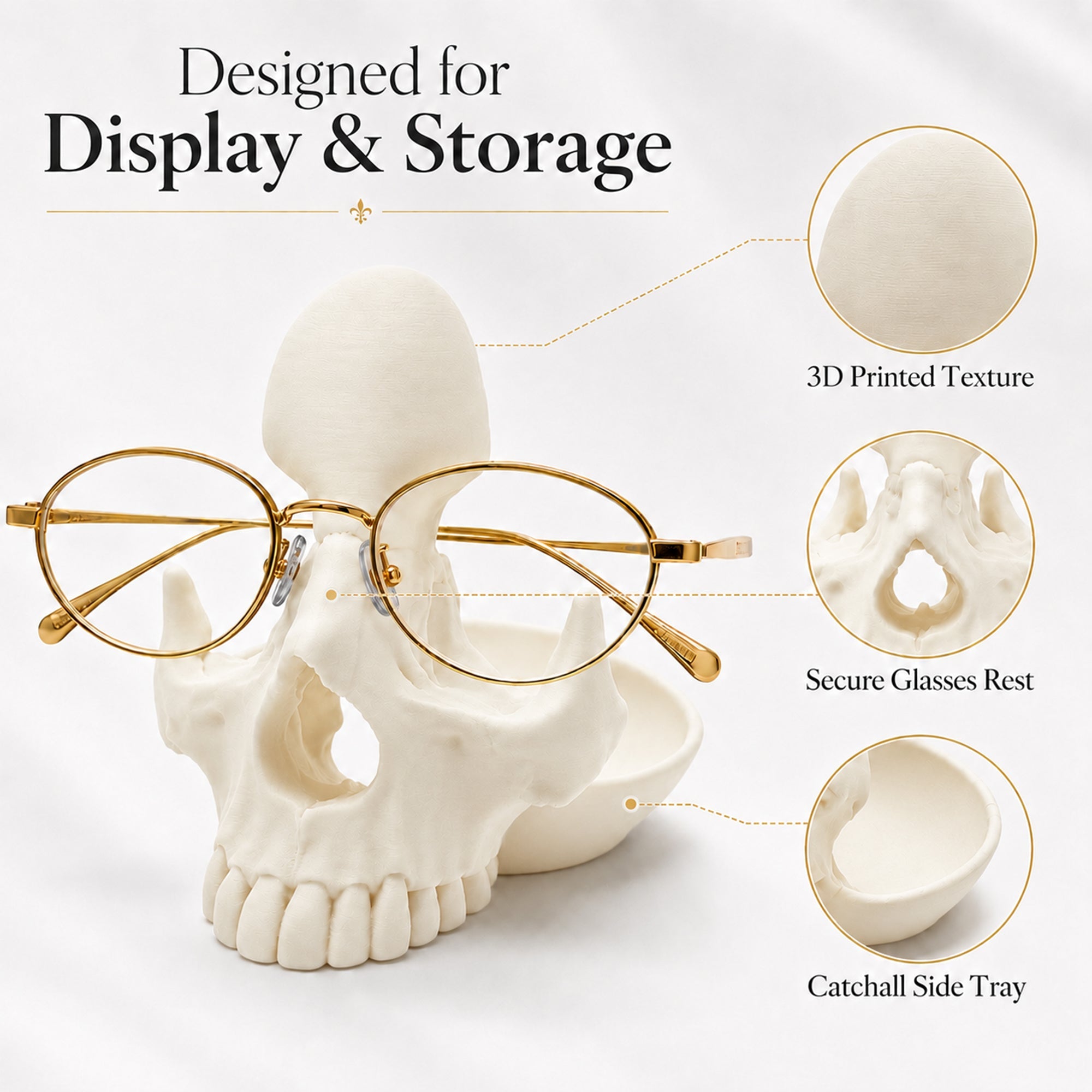 3D Printed Gothic Skull Eyeglasses Holder With Catchall Tray Desk Organizer