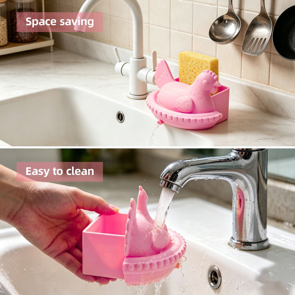 3D Printed Chicken Sponge Holder With Built-In Drainage Spout, Hen-Shaped Kitchen Sink Caddy For Sponge Storage, Countertop Organizer