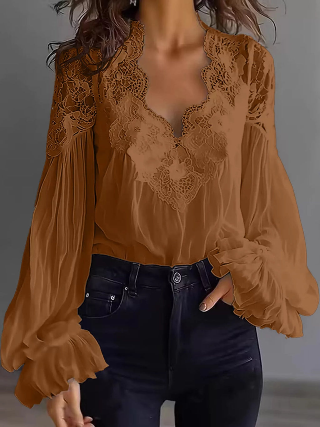 Full Size Lace V-Neck Flounce Sleeve Blouse Plus Size