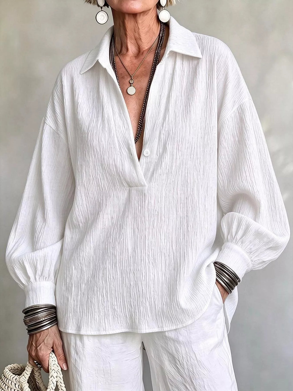 Full Size Textured Lantern Sleeves Blouse Plus Size
