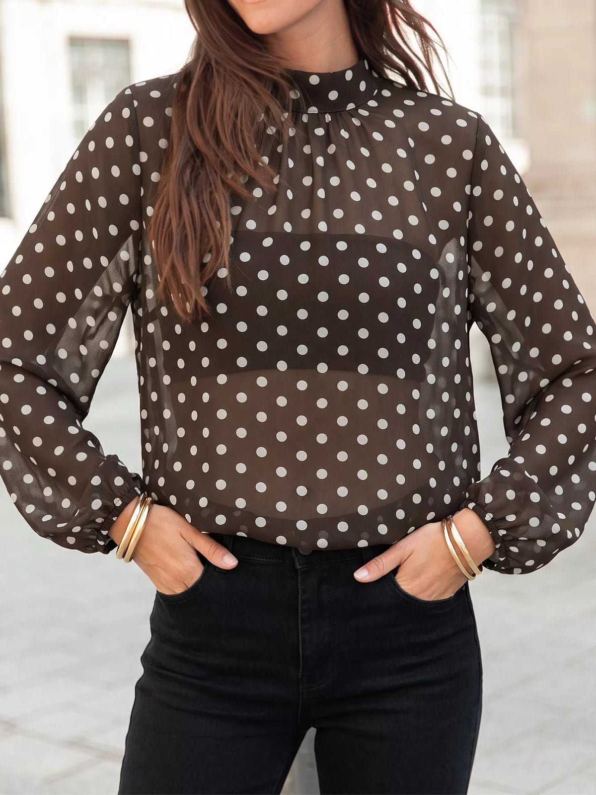 Polka Dot Mock Neck Long Sleeve Blouse