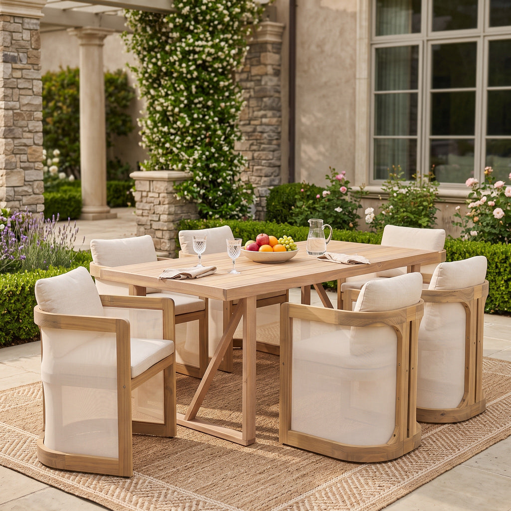 7‑Piece Acacia Wood Patio Dining Set, 67" Rectangular Slatted Table A‑Frame Legs Light