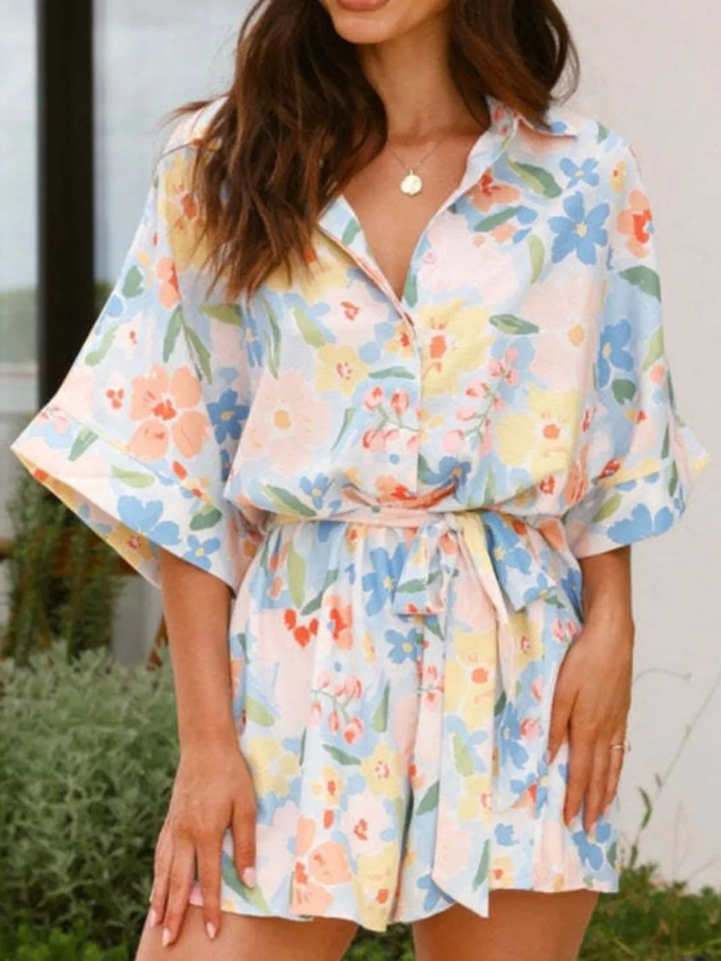 Pastel Floral Print Half Sleeve Tie Waist Romper