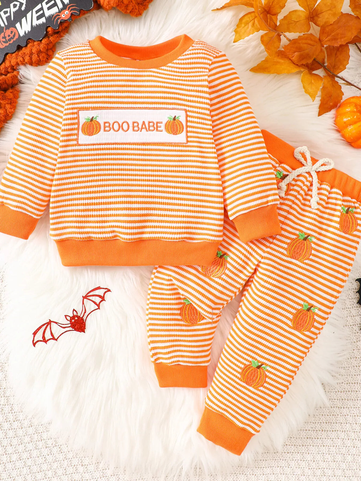 Children's Halloween Pumpkin Striped Long Sleeve Pajama Set