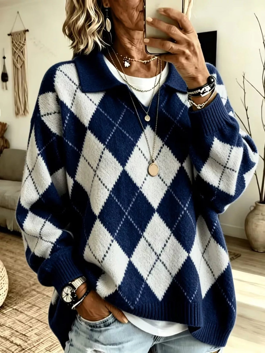 Argyle Pattern Polo Collar Sweater