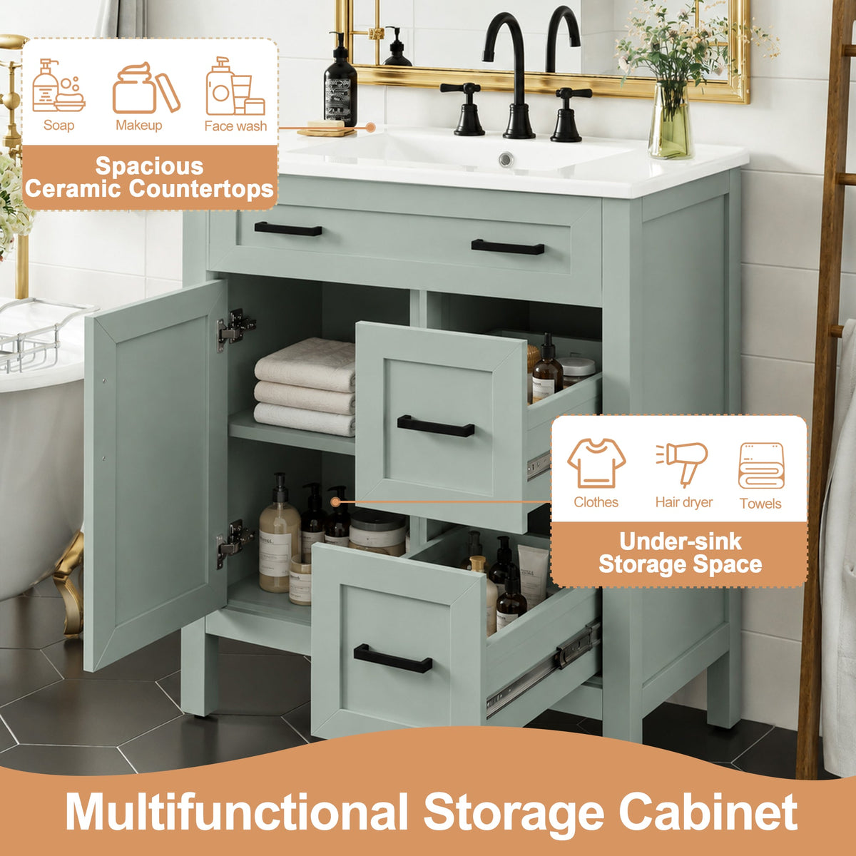 30-Inch Sage Green Bathroom Vanity with Flexible Storage - Solid Wood Frame