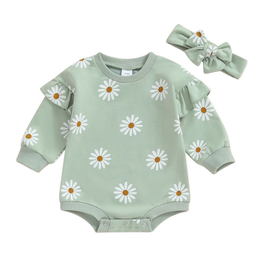 Printed Flounced Sleeve Romper Headscarf