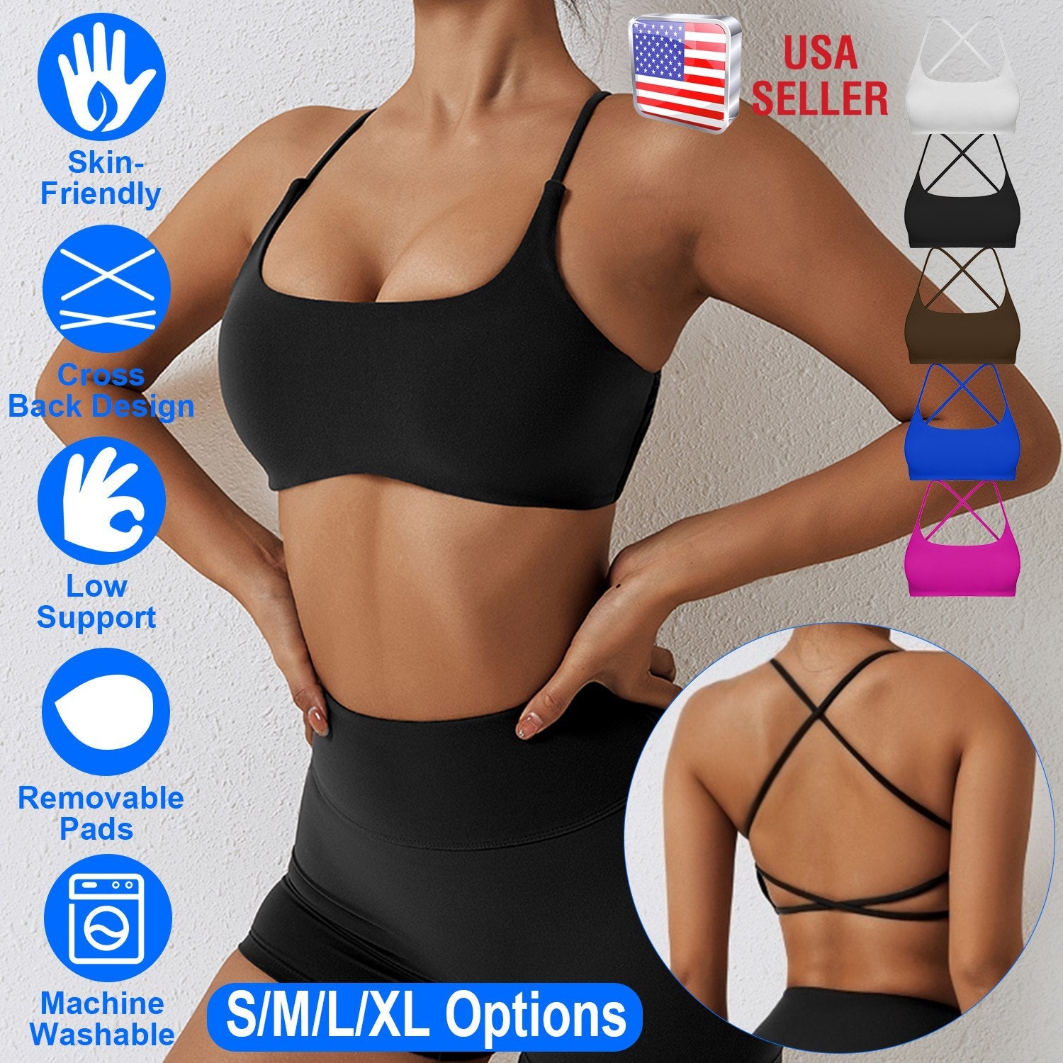 Cross Back Padded Sports Bra with Removable Pads