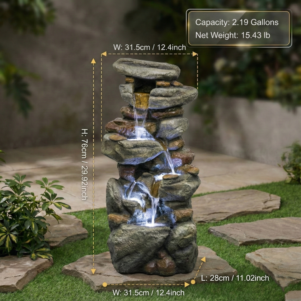 30" Large Outdoor Stone Fountain with LED Lights | Cascading Waterfall Fiberglass Resin Garden Fountain for Patio, Yard & Entryway
