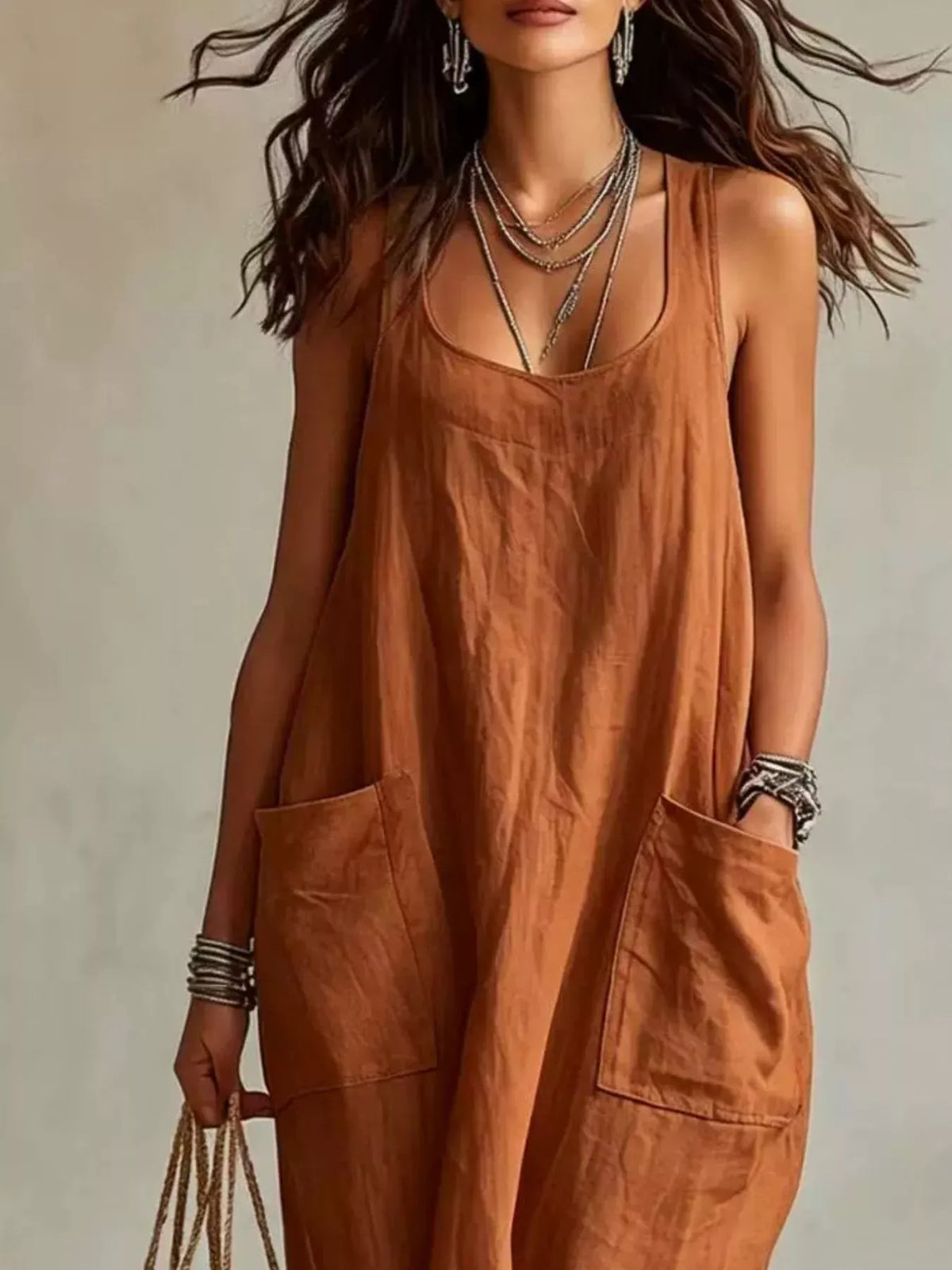 Scoop Neck Sleeveless Maxi Dress with Pockets