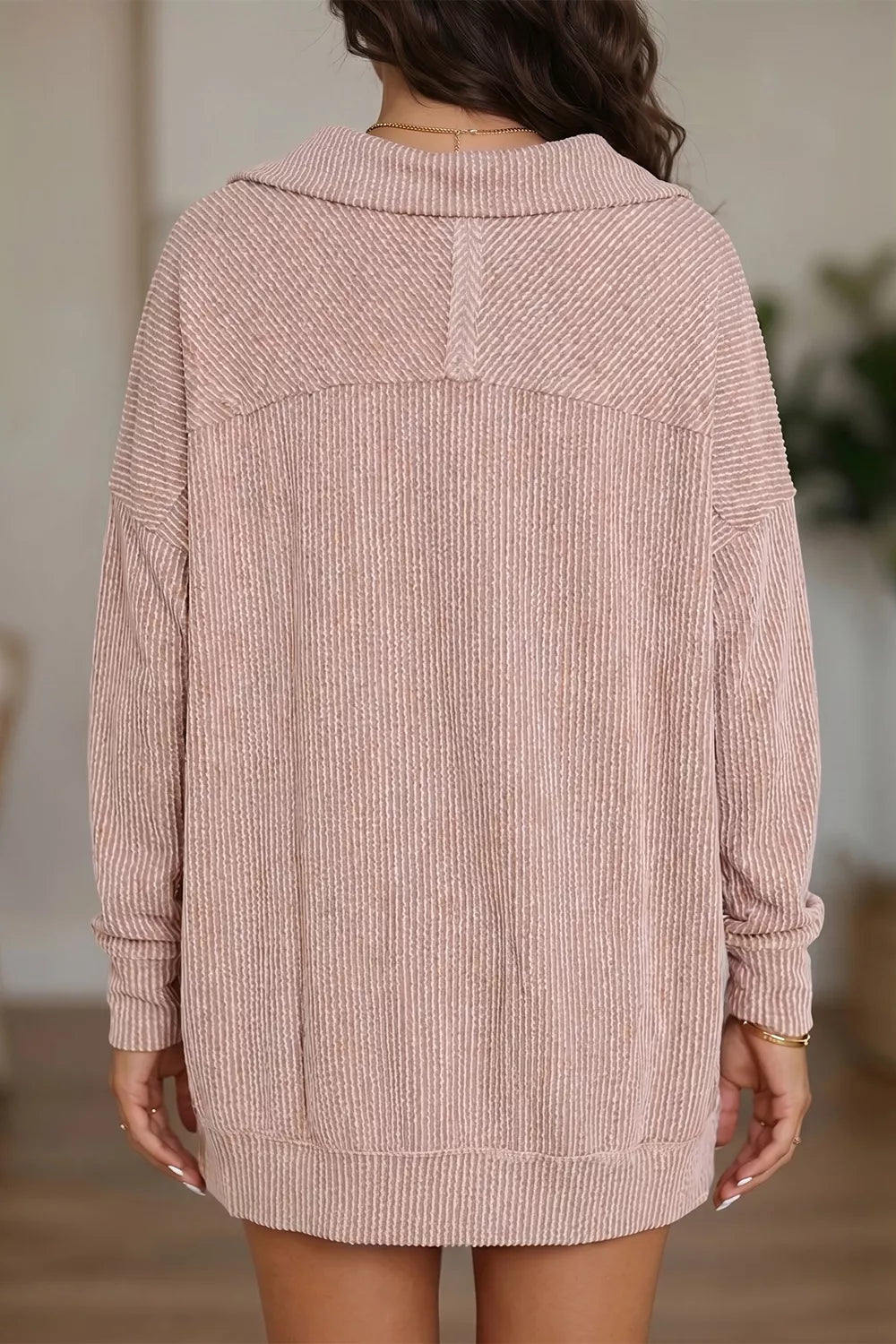 Twist Ribbed Zipper Collar Drop Shoulder Long Sleeve Top