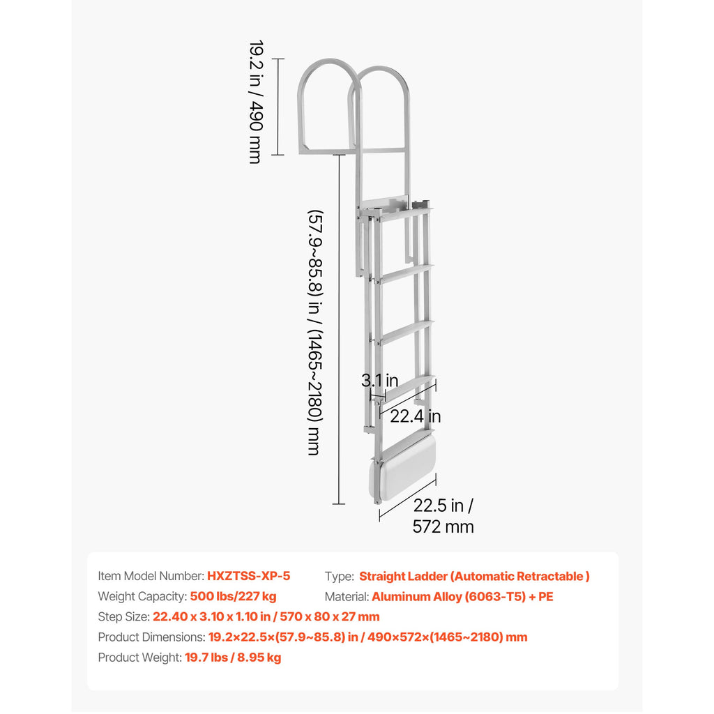 Retractable Dock Ladder, 5 Steps, Aluminum Alloy with Auto-Lift Float
