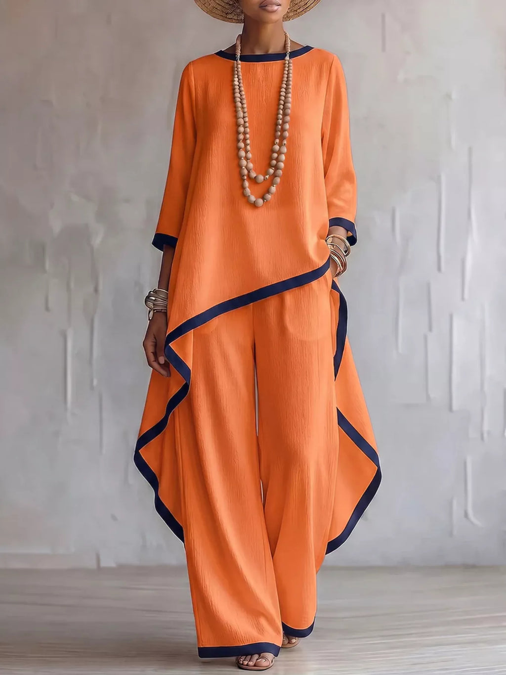 Full Size Contrast Trim High-Low Top and Pants Set Plus Size