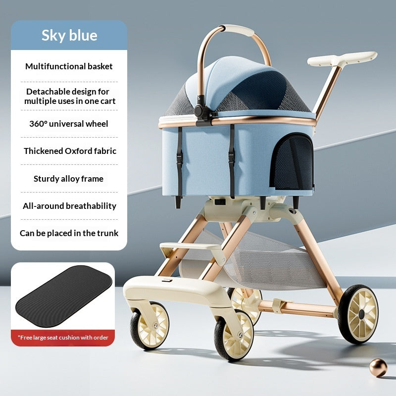 Luxury Cat Stroller With Detachable Pet Carrier, Foldable, Sturdy Alloy Frame