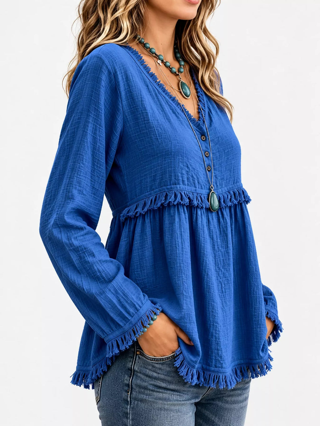 Full Size Fringed Trim V-Neck Long Sleeve Blouse Plus Size