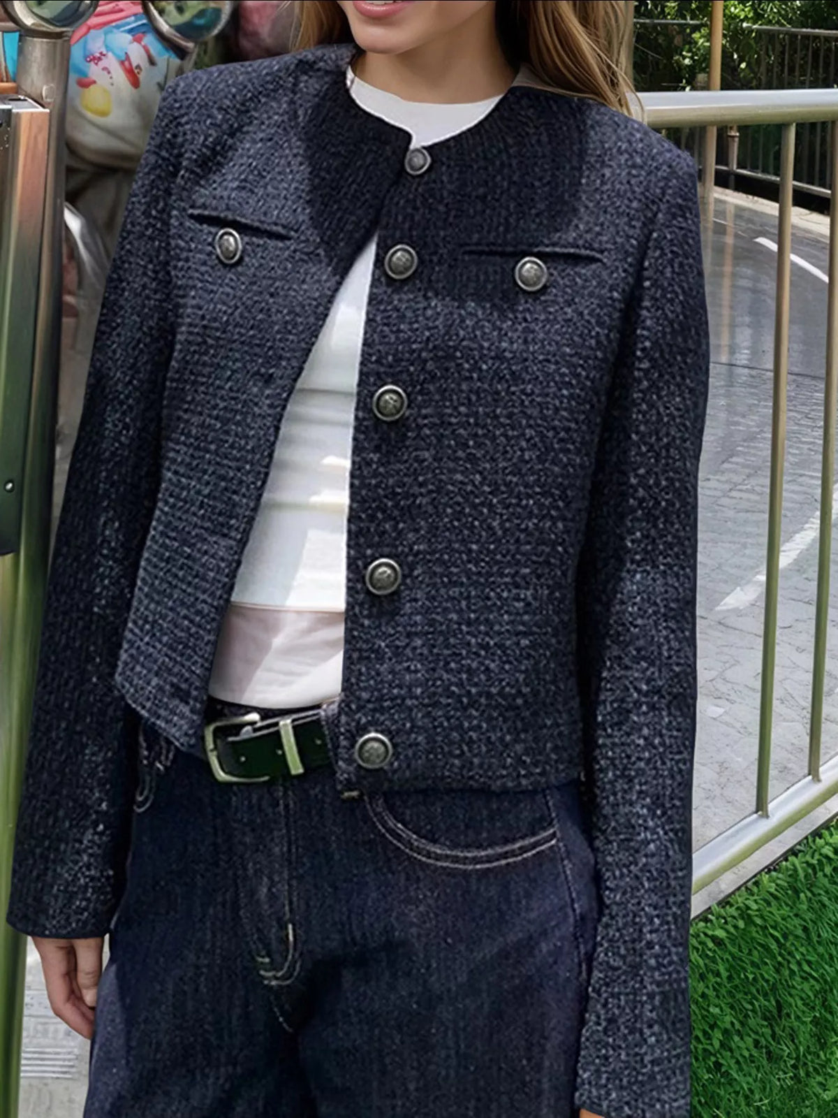 Tweed Metallic Buttons Cropped Outerwear
