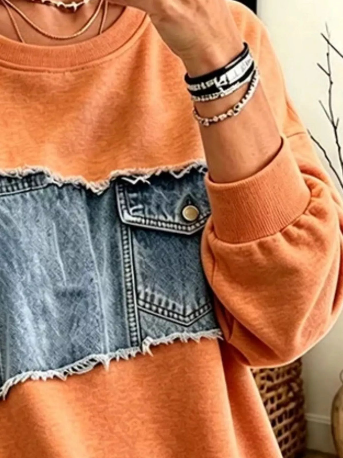 Full Size Denim Patchwork Dropped Shoulder Sweatshirt Plus Size
