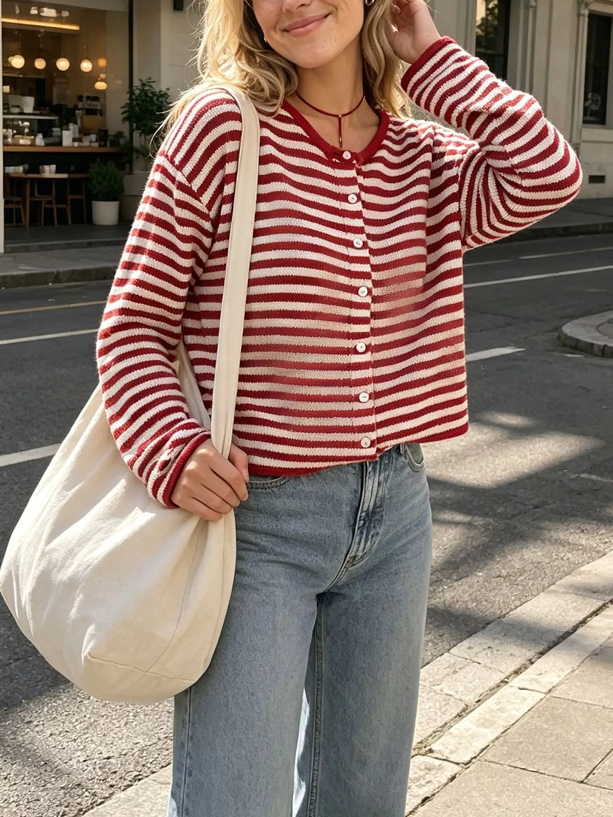 Striped Button-Down Knit Cardigan
