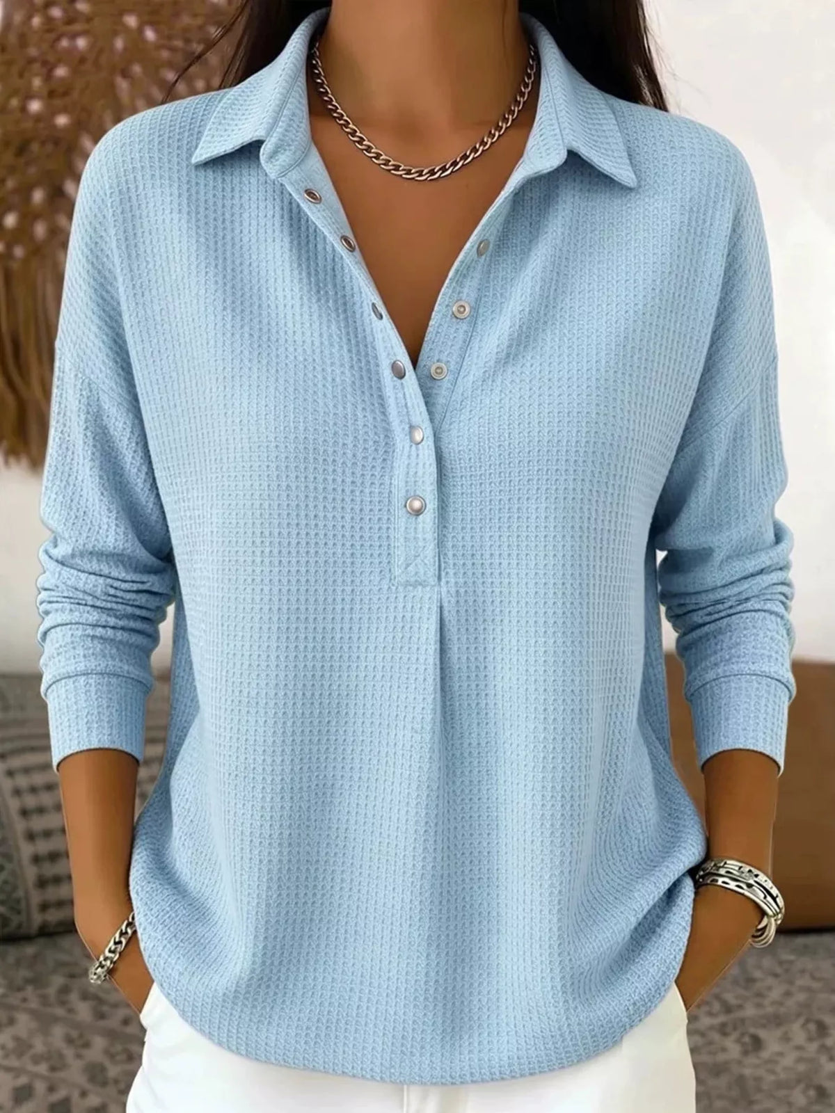 Waffle Knit Snap Down Blouse