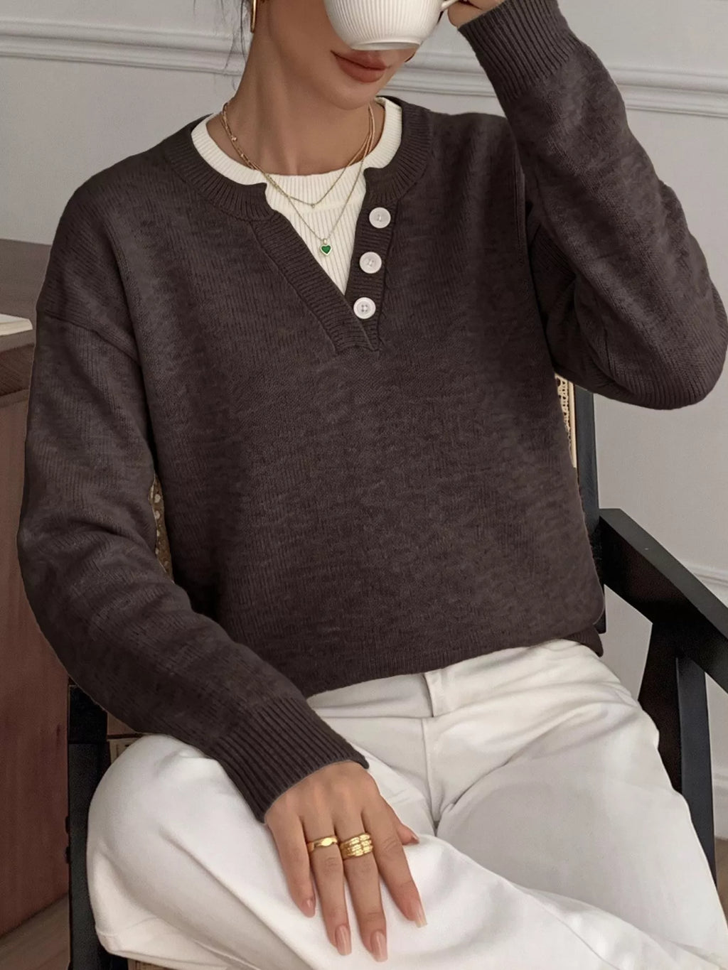 Decor Button-Placket Ribbed Knit Sweater