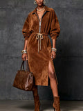 Drawstring Waist Zip-Front Midi Dress