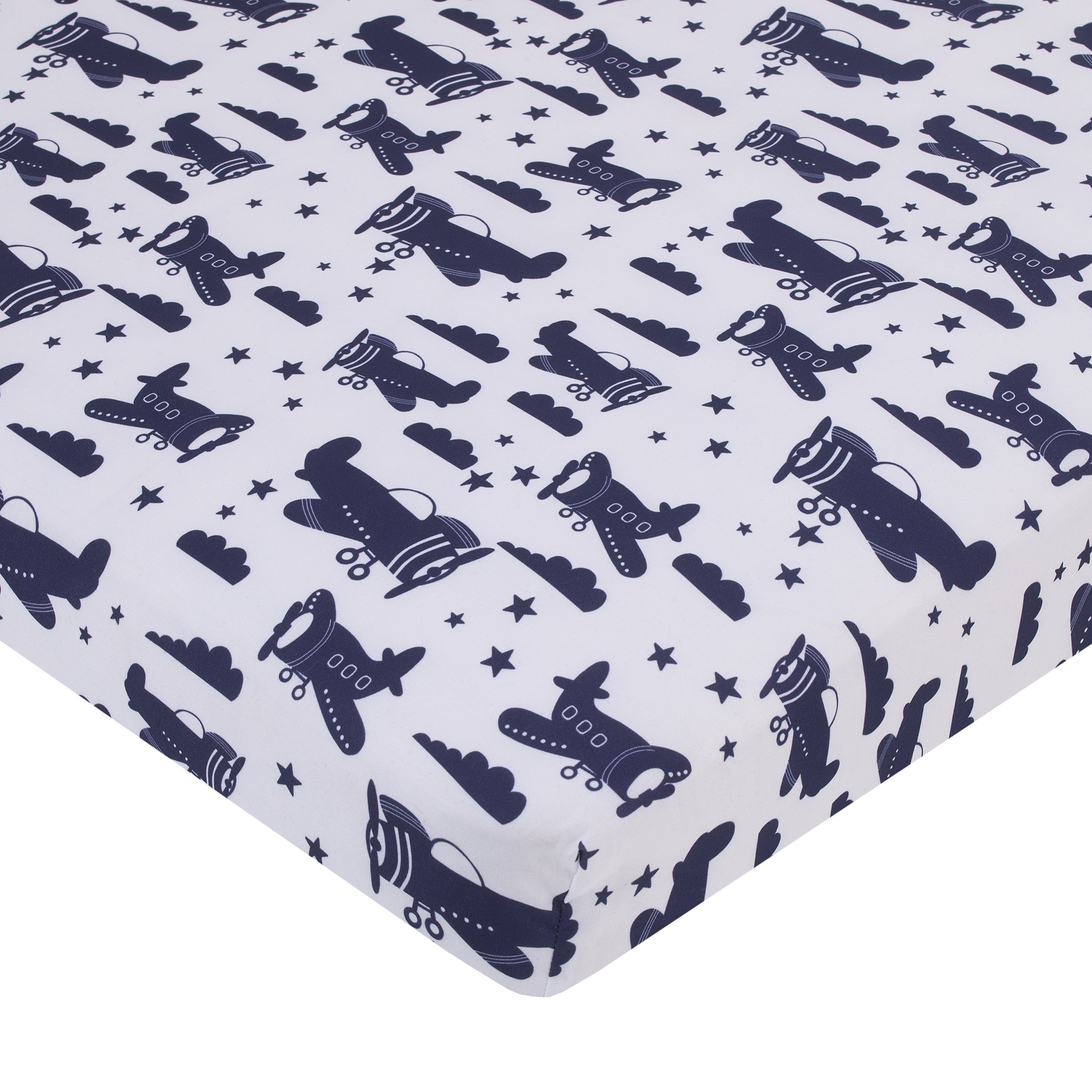 Soar High Little One Navy, Light Blue, Orange, and White Airplanes, Clouds, and Stars 3 Piece Nursery Mini Crib Bedding Set - Comforter, and Two Fitted Mini Crib Sheets