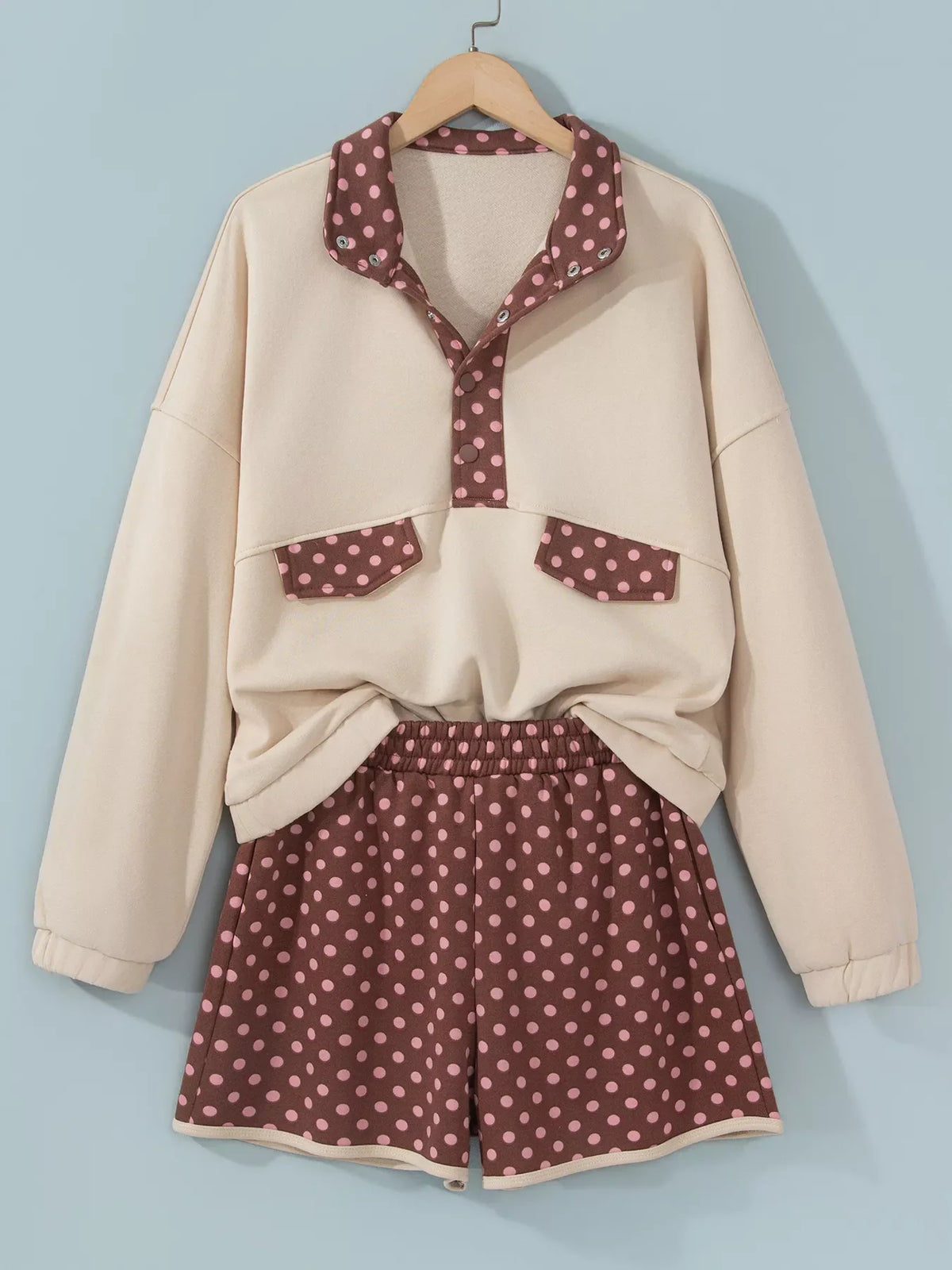 Polka Dot Contrast Baggy Pullover and Elastic Waist Shorts 2pcs Set