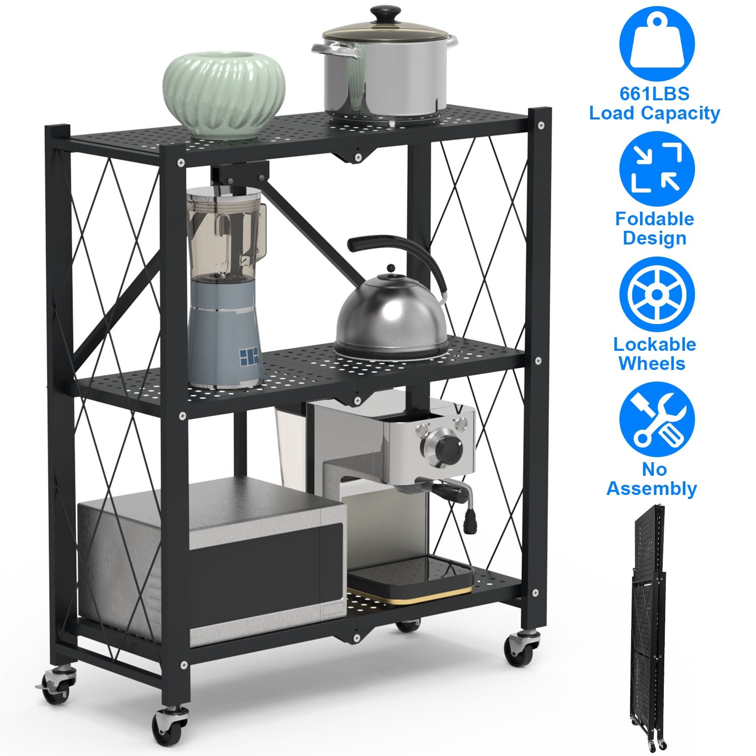 3-Tier Foldable Storage Shelf With Wheels