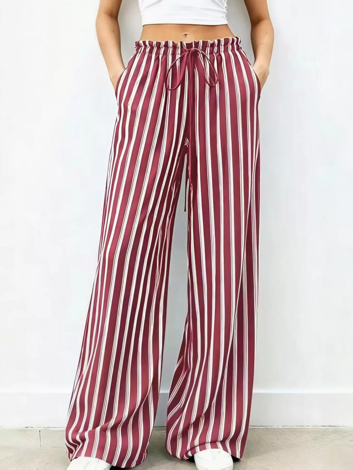 Striped Wide-Leg Drawstring Pants