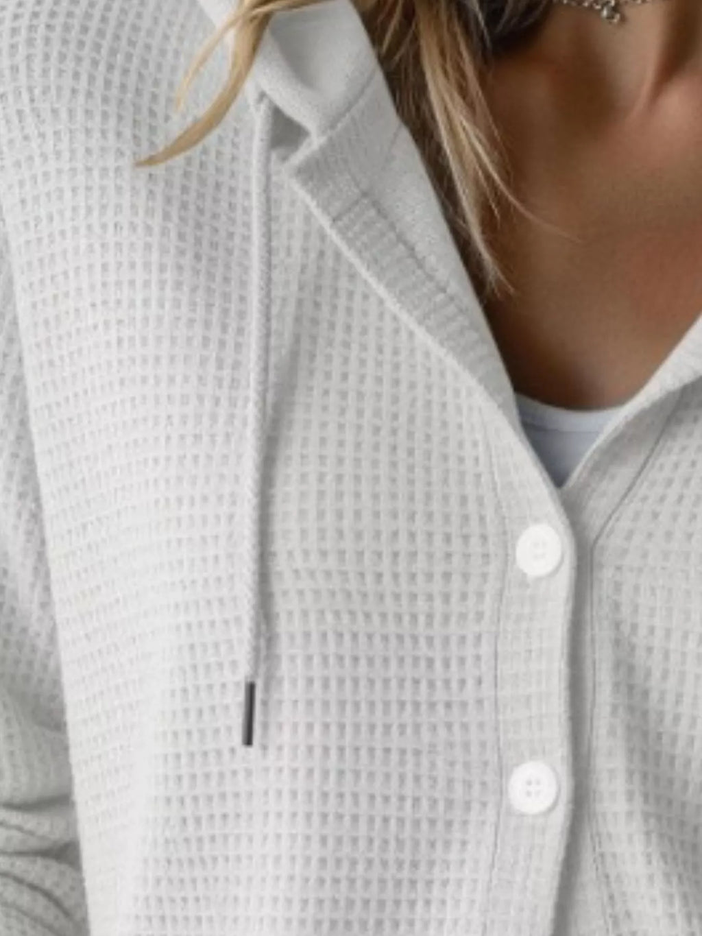 Waffle Knit Button-Down Hooded Cardigan