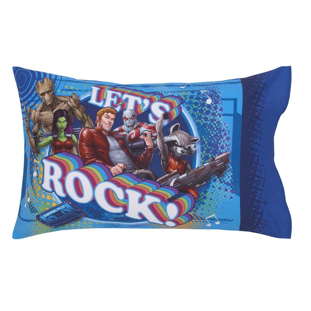 Guardians of the Galaxy Blue Let's Rock 4 Piece Toddler Bed Set - Comforter, Fitted Bottom Sheet, Flat Top Sheet, and Reversible Pillowcase