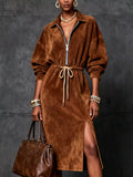 Slit Zip-Front Drawstring Midi Dress