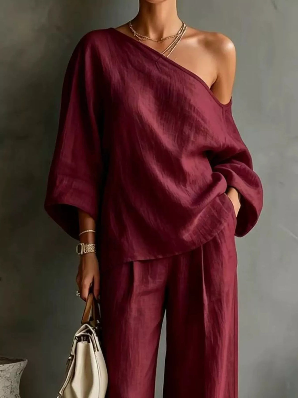 One Shoulder Top and Wide Leg Pants Set