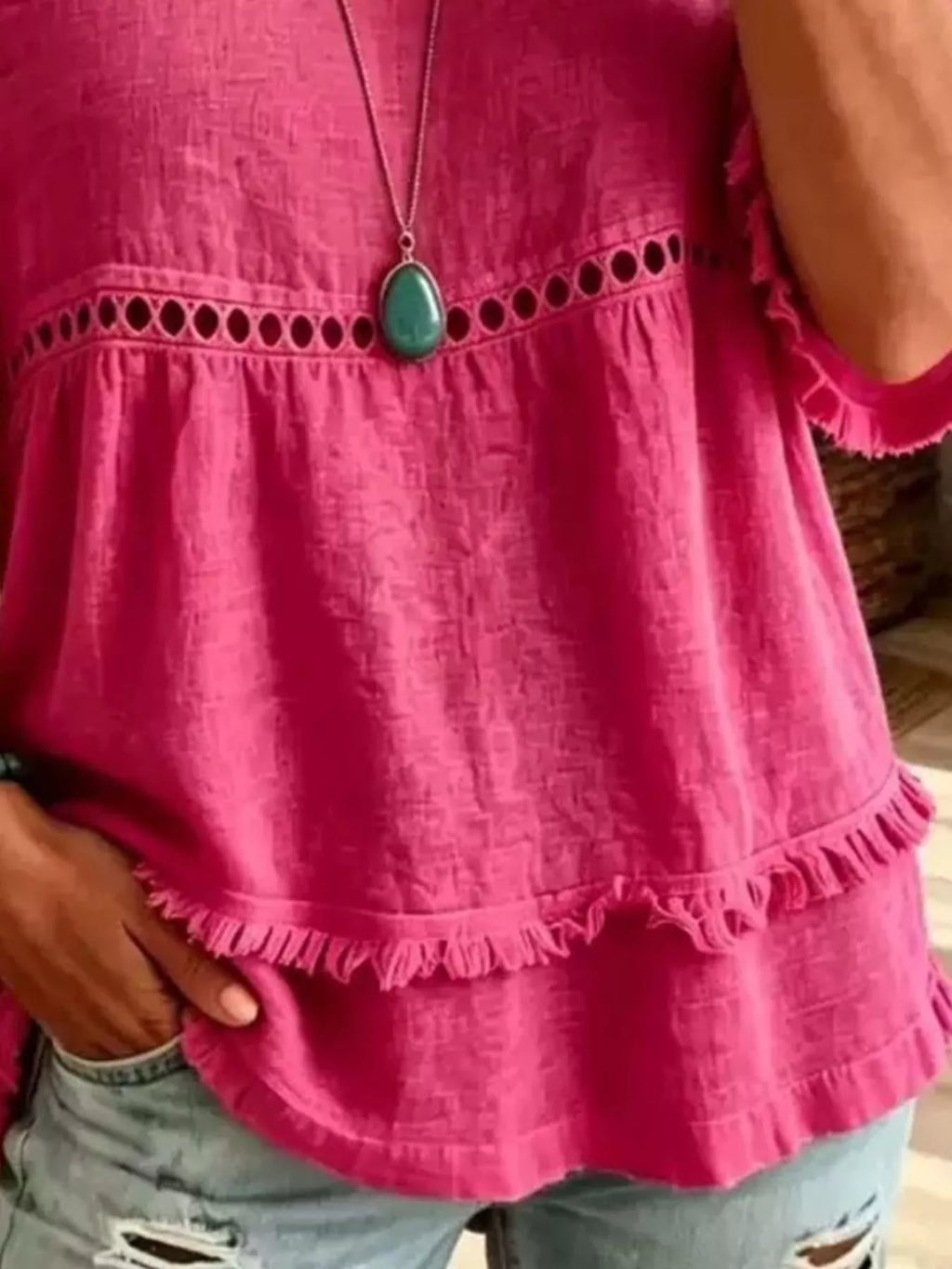 Eyelet V-Neck Frayed Edge T-Shirt