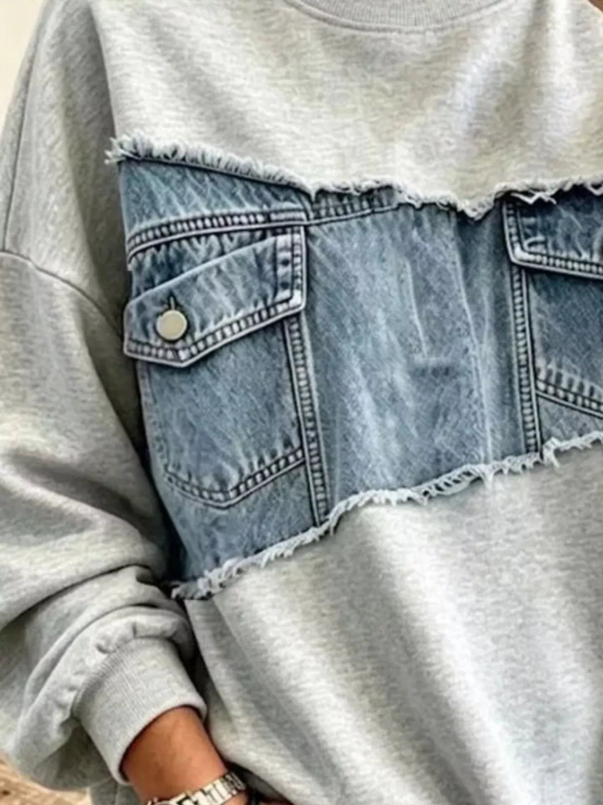 Full Size Denim Patchwork Dropped Shoulder Sweatshirt Plus Size