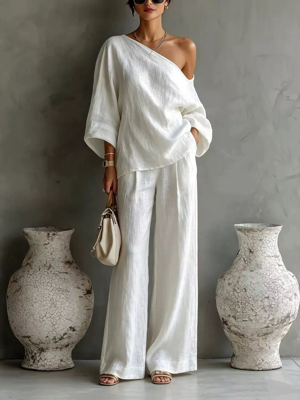 One Shoulder Top and Wide Leg Pants Set