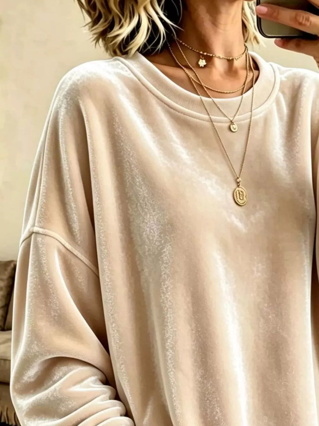 Full Size Loose Fit Velvet Dropped Shoulder Sweatshirt Plus Size