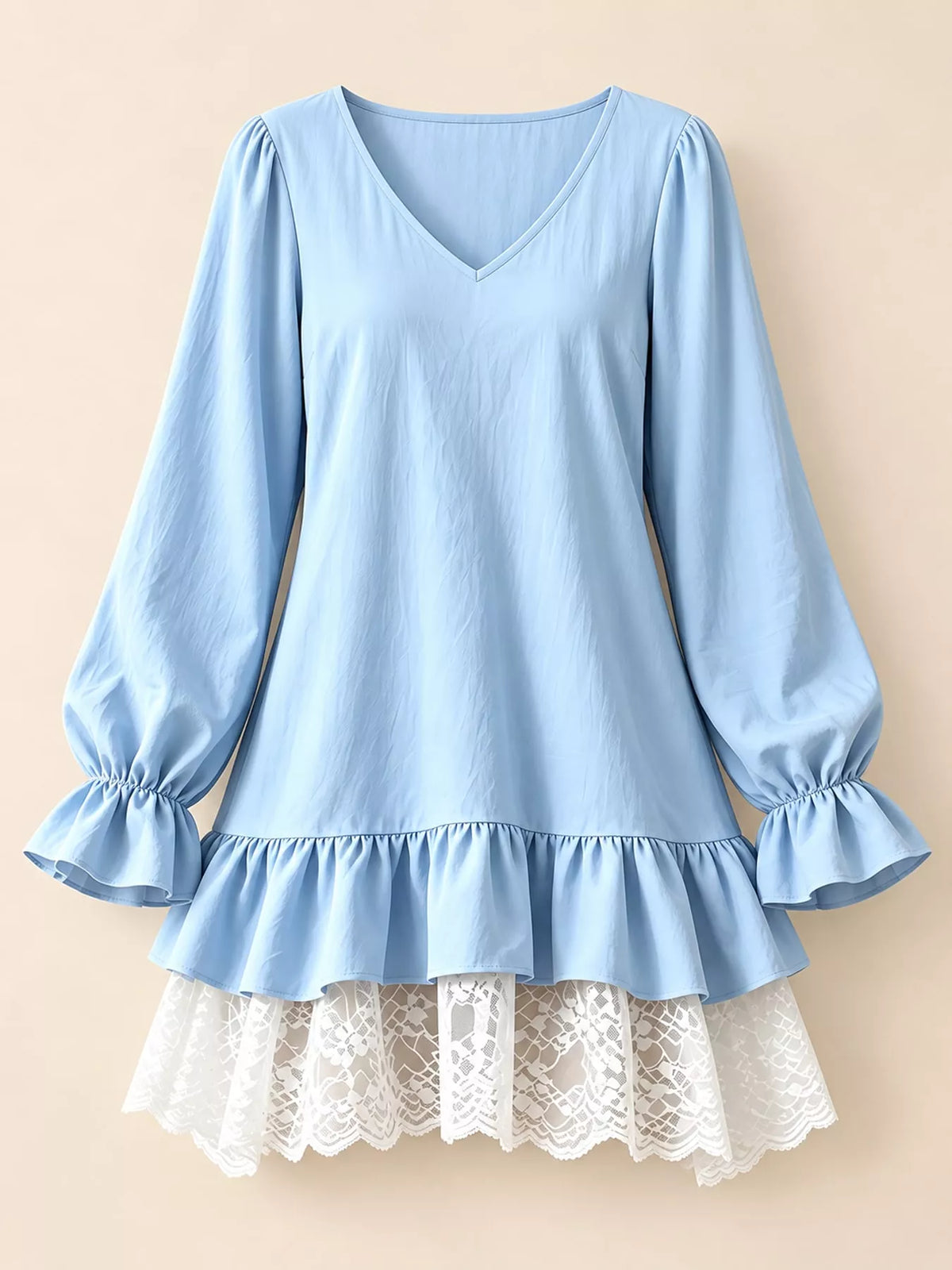 Lace Hem V-Neck Flounce Sleeve Dress