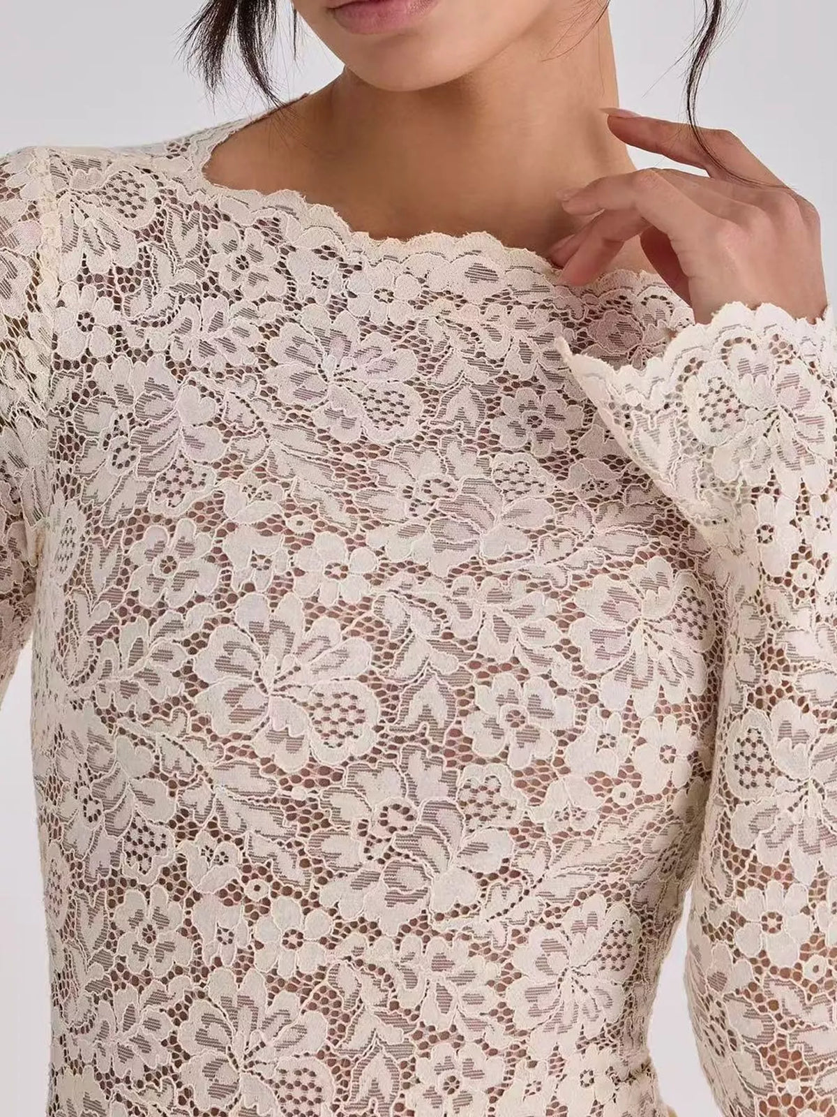 Long-Sleeve Lace and Satin Patchwork Maxi Dress