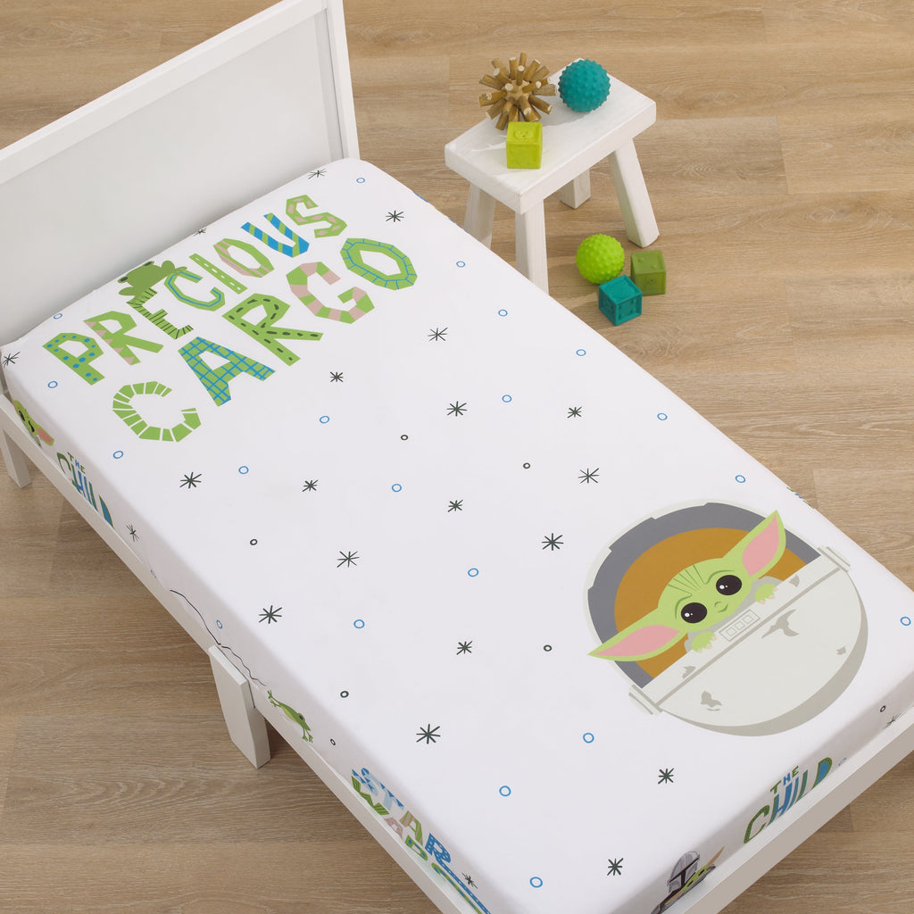 The Mandalorian Grogu, White, Green, and Blue Precious Cargo Photo Op Nursery Fitted Crib Sheet
