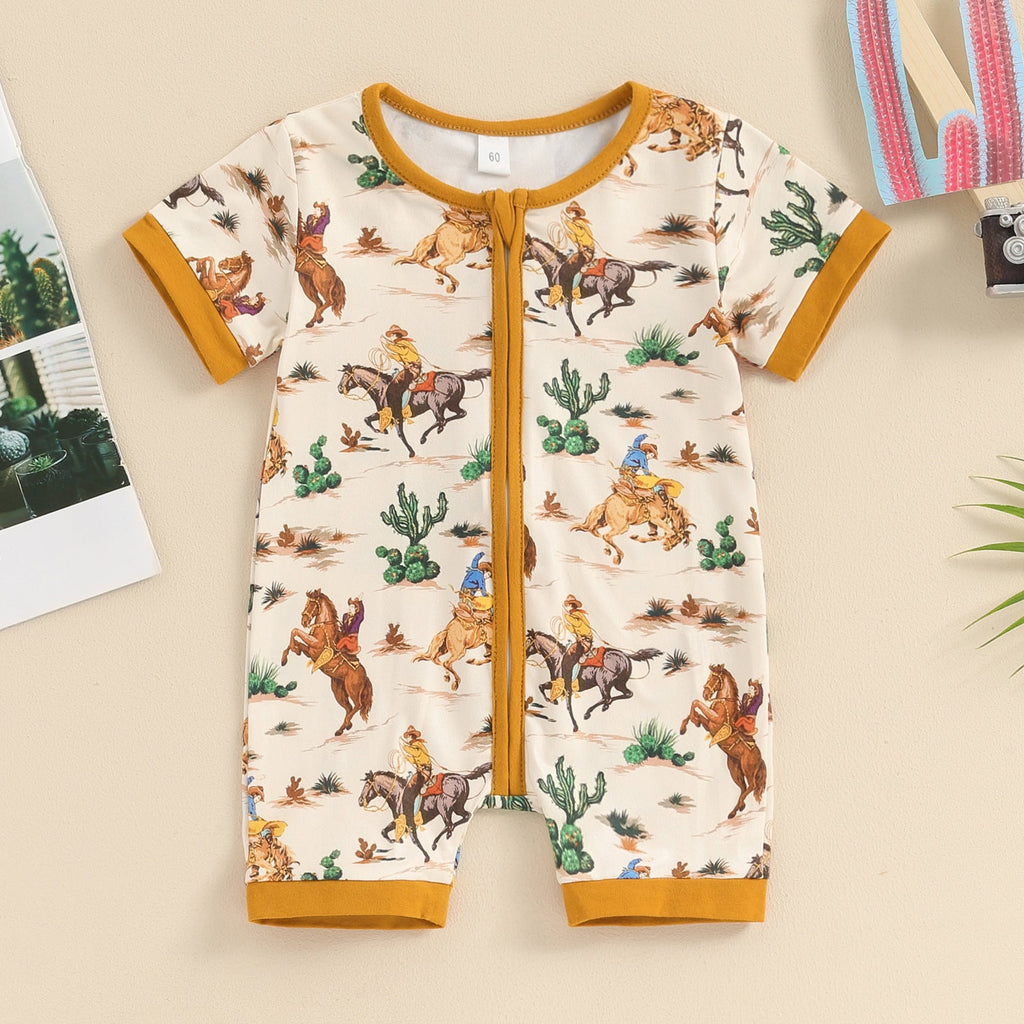 Printed Short-sleeve Onesie Newborn Round-neck Zip-up Romper