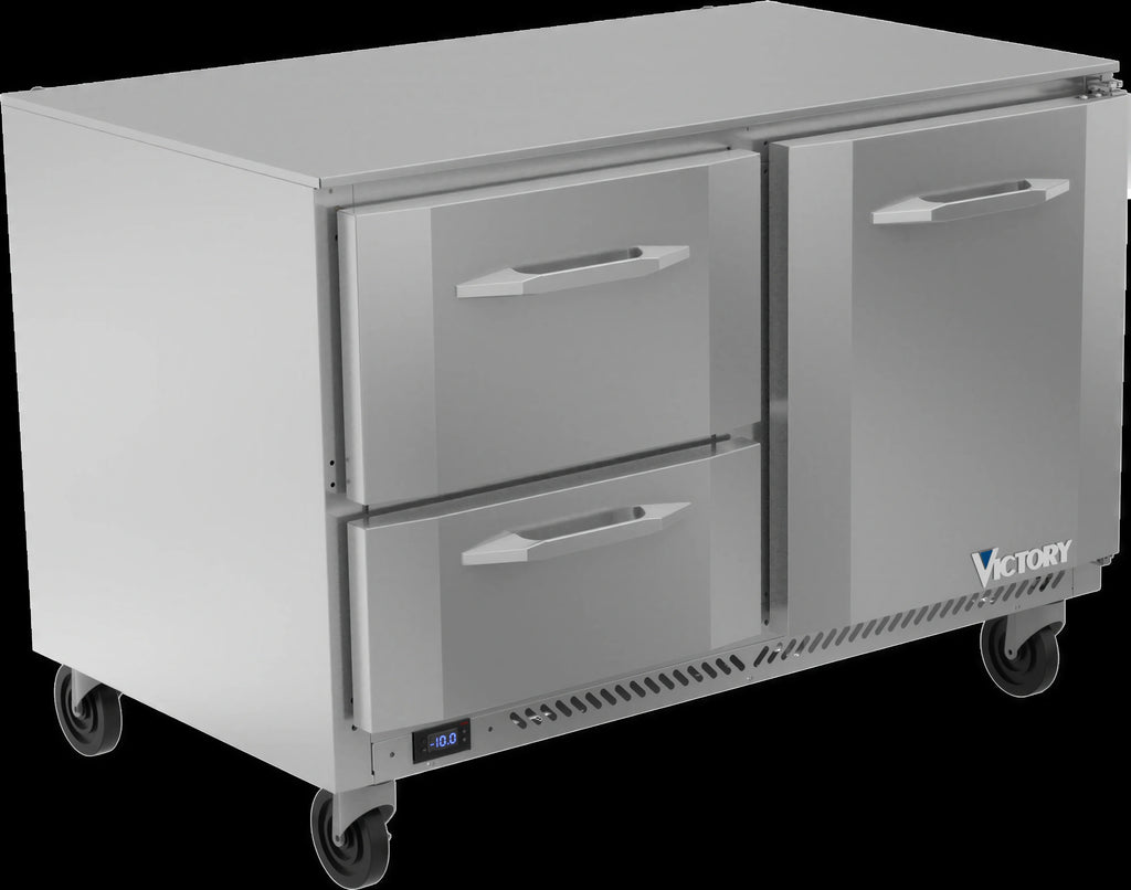 Victory Refrigeration VUFD48HC-2 48-Inch Two-Section Undercounter Freezer with Door and Drawers, Self-Contained R290 Refrigeration